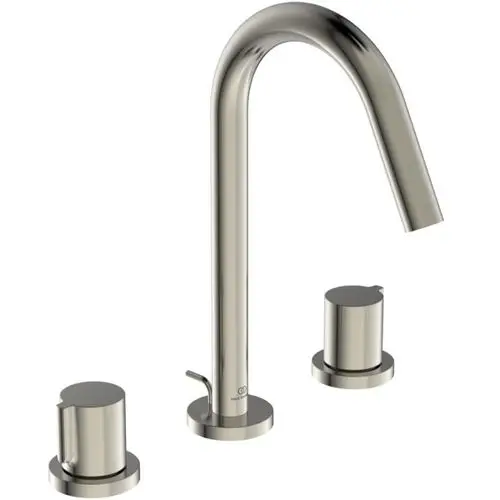 Drei-Loch-Waschtischarmatur von Ideal Standard in Silber mit einem hohen Auslauf und zwei separaten Bedienelementen für Wasserzufuhr und Temperaturregelung.